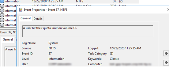 A user hit their quota limit on volume - EventID 37, source Ntfs 