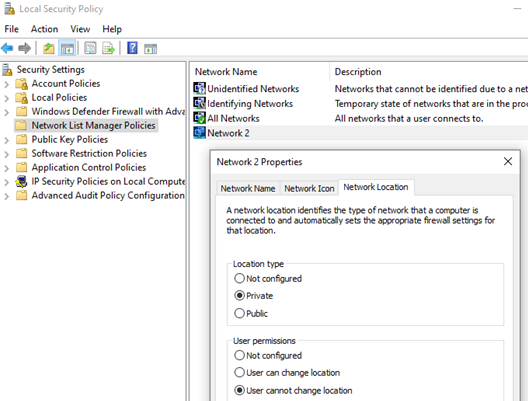 change network location using security policy