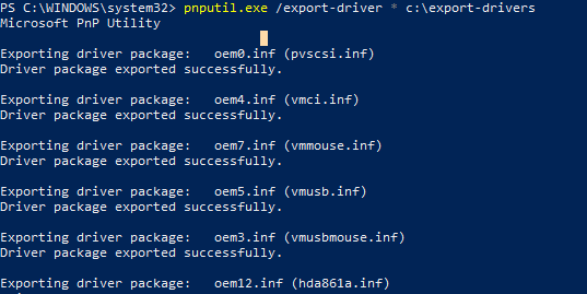 exporting instaled drivers using pnputil