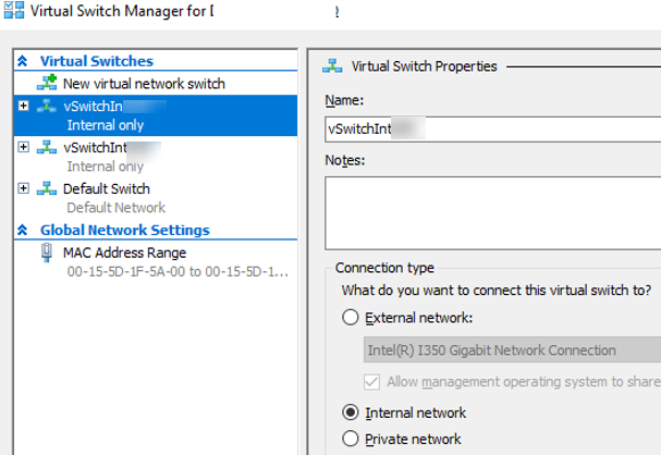 hyper-v: create two internal network switches