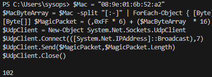 PowerShell script: send Wake On LAN magic packet