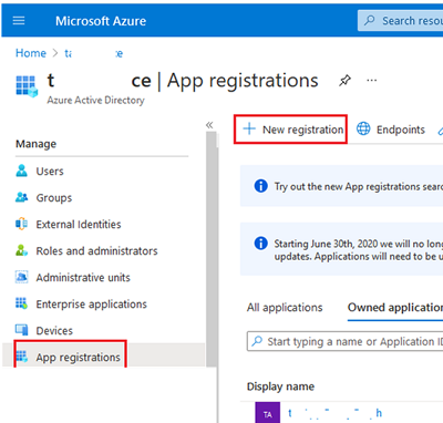 register new app using azure app registration