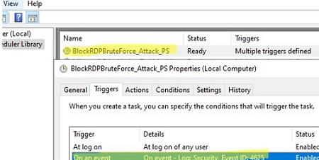 Scheduled task to block RDP attacks by IP address 