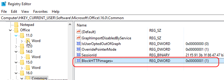 set BlockHTTPimages registry parameter to unblock images in outlook