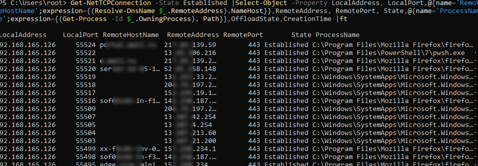 Show network connections (remote IP addresses, ports) of Windows process with PowerShell