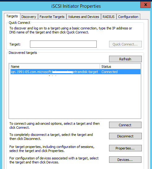 connect iSCSI target virtual RAM drive