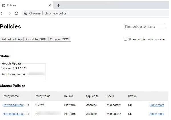 Chrome://policy - view browser summary settings