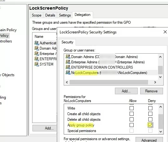 exclude certain computers from lock screen policy