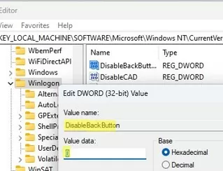 disablebackbutton registry parameter for winlogon