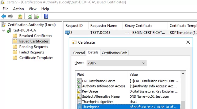 get certificate Thumbprint via the certsrv mmc console