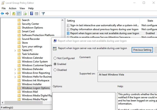 GPO - Report when logon server was not available during user logon 