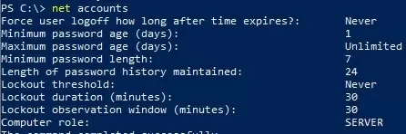 net accounts command: view resulting computer password policy settings