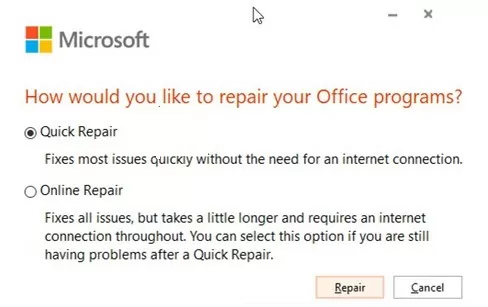 office365 quick repair