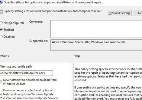 Specify settings for optional component installation and component repair 