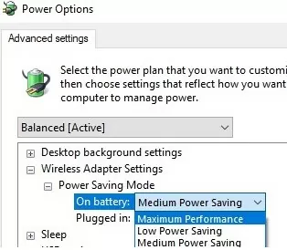 wireless adapter settings - power saving mode set maximum perrformance 