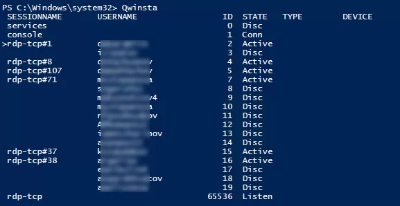 Qwinsta - list RDP sessions and usernames