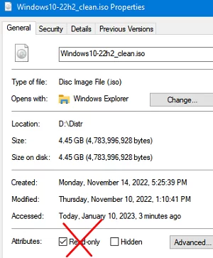 Remove read only from ISO file on Windows