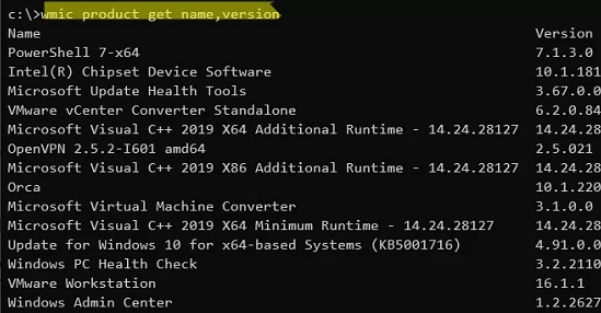 wmic product get name,version - get list of installted appd